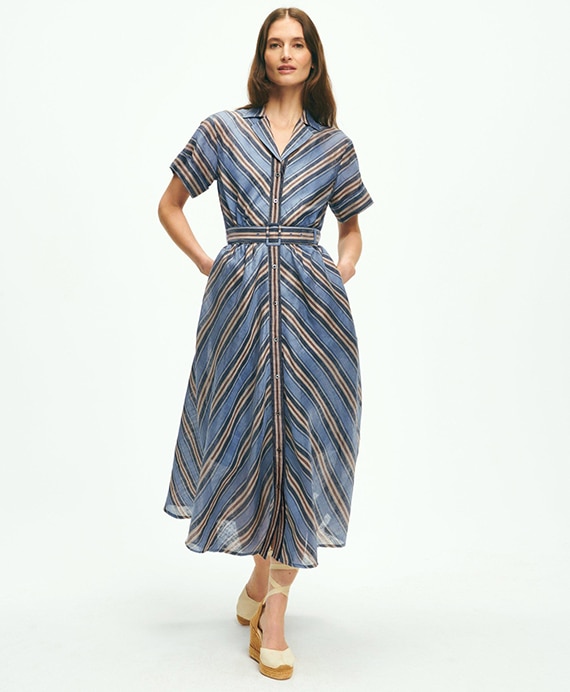 リネンブレンド　シェブロンストライプ　ベルテッド　ロングシャツドレス