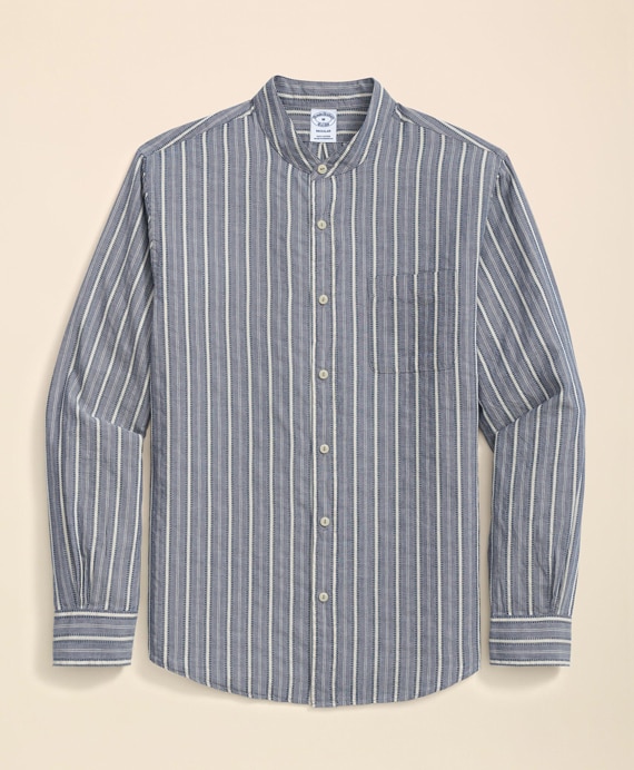 コットンドビー　ストライプ　バンドカラー　スポーツシャツ　Regular Fit