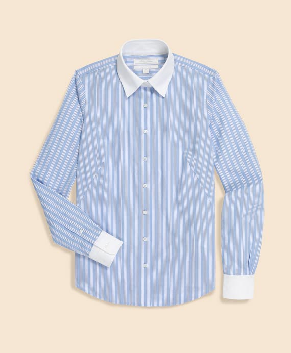 ノンアイロン　コットンストレッチ　ストライプ　クレリックシャツ　Fitted Fit