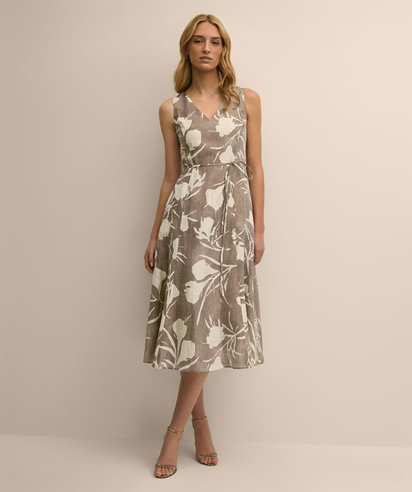 リネン／ポリエステル　フローラルプリント　Vネック　ノースリーブドレス