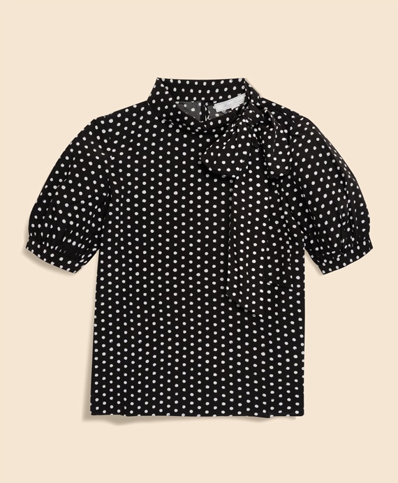 ビスコースクレープ　ドットプリント　タイネックブラウス