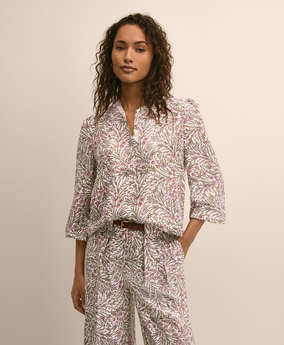 シルク　ボタニカルプリント　バルーンスリーブ　ブラウス