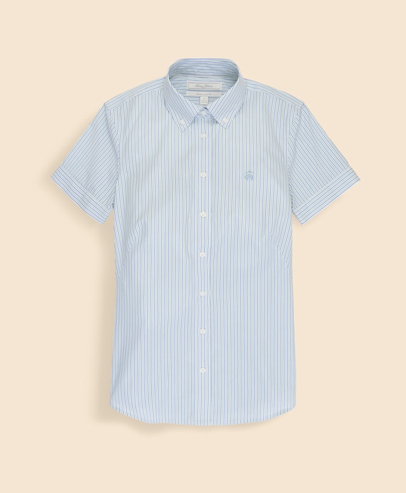 ノンアイロン　ストレッチコットン　GFロゴ　ショートスリーブ　ストライプシャツ　Fitted Fit