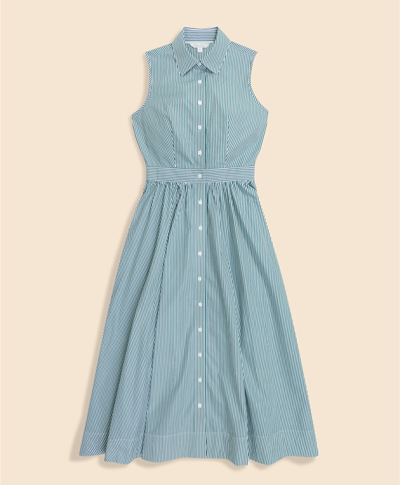 コットンポプリン　ストライプ　ノースリーブ　シャツドレス