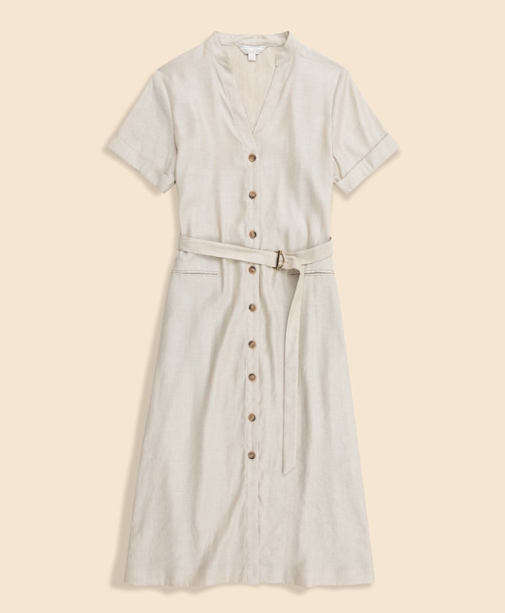 リネンブレンド　Vネックベルテッド　ショートスリーブ　シャツドレス
