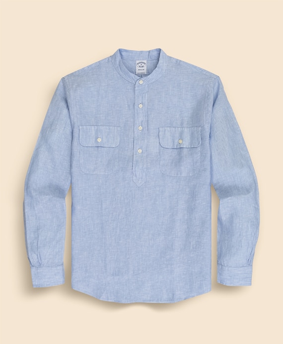 リネン　ダブルポケット　バンドカラー　プルオーバーシャツ