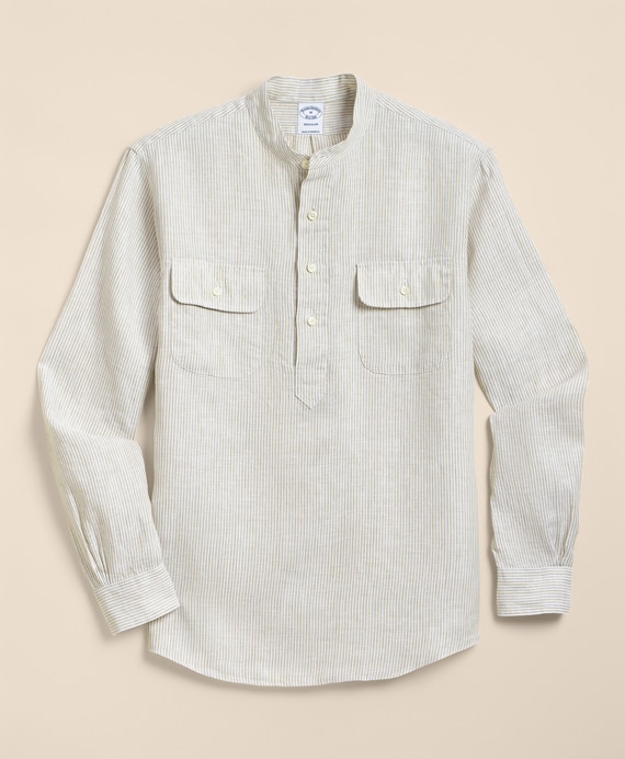 リネン　ダブルポケット　バンドカラー　プルオーバーシャツ