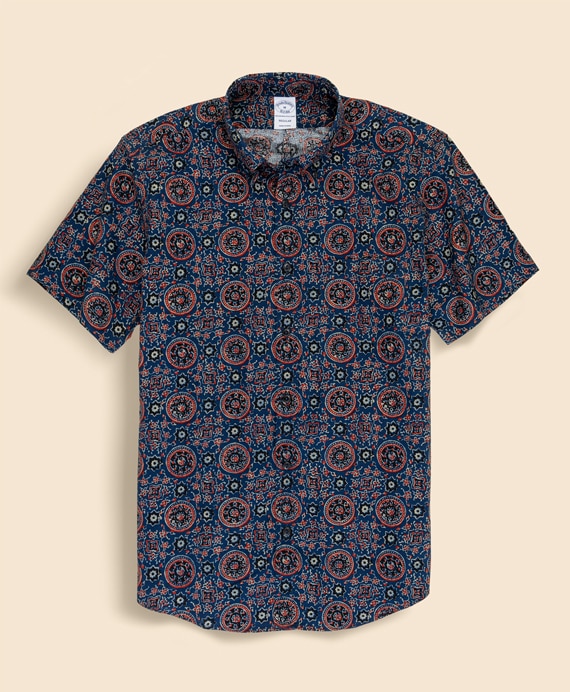 コットン　ブロックプリントパターン　ジオメトリックメダリオン　キャンプシャツ　Regular Fit