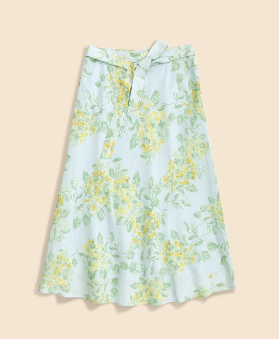 ビスコース／リネン　フローラルプリント　ベルテッド　マーメイドライン　ミディスカート