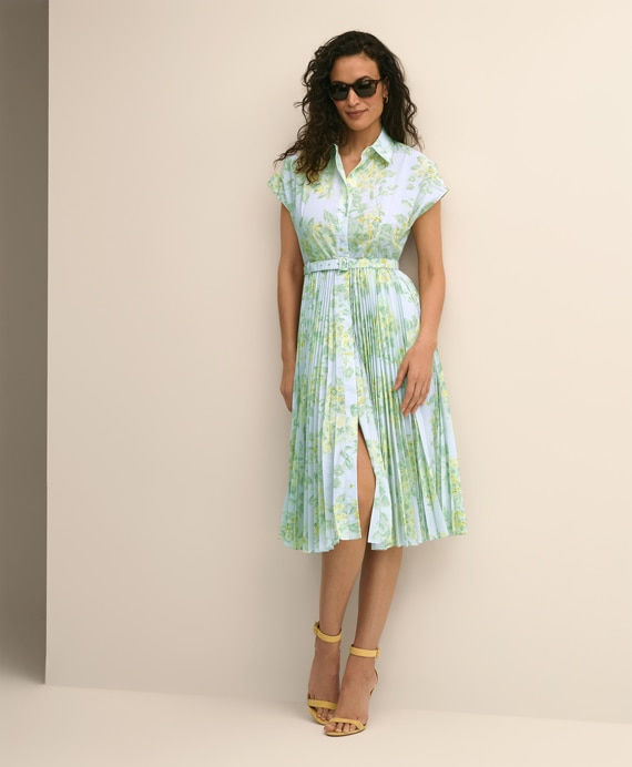 ポリエステル　フローラルプリント　プリーツ　シャツドレス