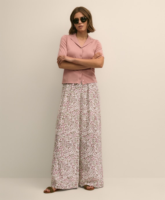 シルク　ボタニカルプリント　ワイドレッグ　プリーテッドパンツ