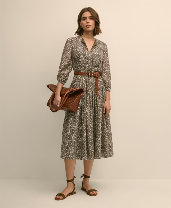 リヨセル／ナイロン　フローラルプリント　タイネック　ドレス