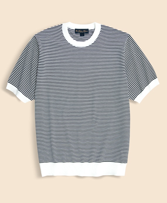 コットン／シルク　ストライプ　クルーネック　ショートスリーブセーター