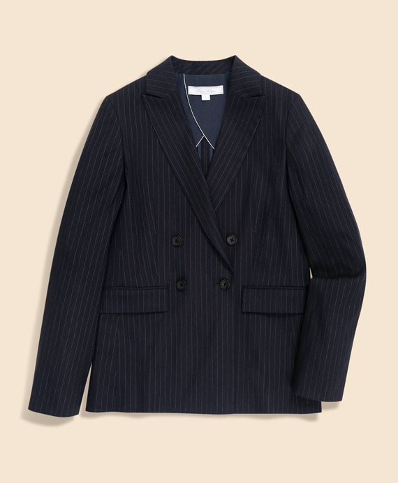 リネンブレンド　ピンストライプ　ダブル4ボタン　ピークトラペルジャケット