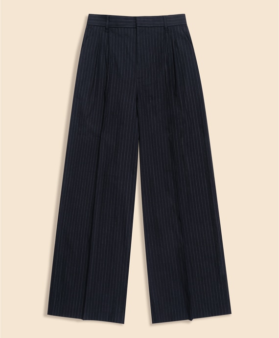 リネンブレンド　ピンストライプ　プリーテッド　ワイドレッグパンツ