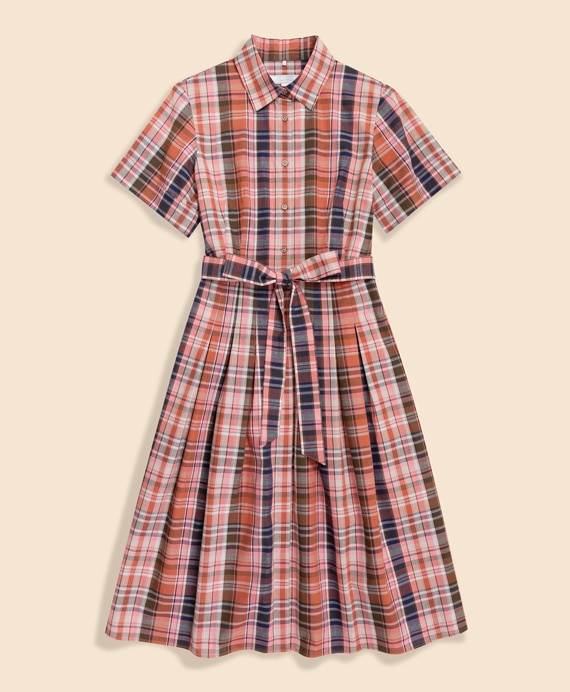 コットン／リネン　マドラスチェック　ショートスリーブシャツドレス