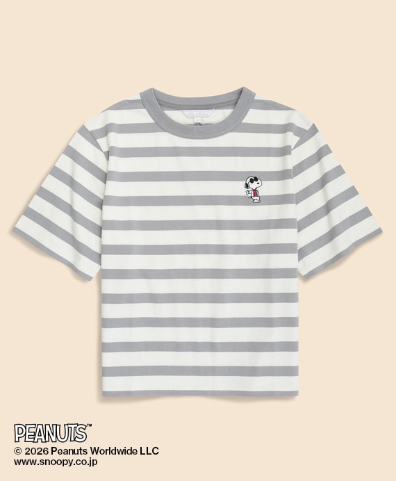 Brooks Brothers × PEANUTS　コットン　スヌーピーエンブロイダリー　マリナーストライプ　Tシャツ