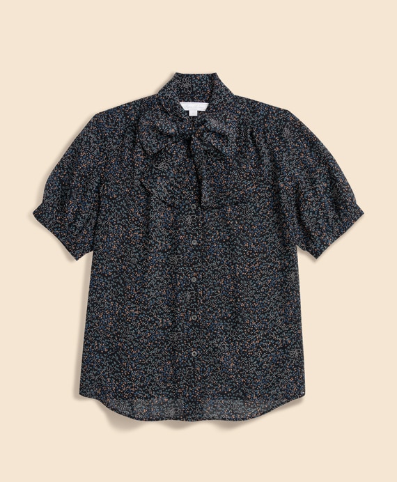 ポリエステル　BBロゴ　アソートドットプリント　シアー　ボウブラウス