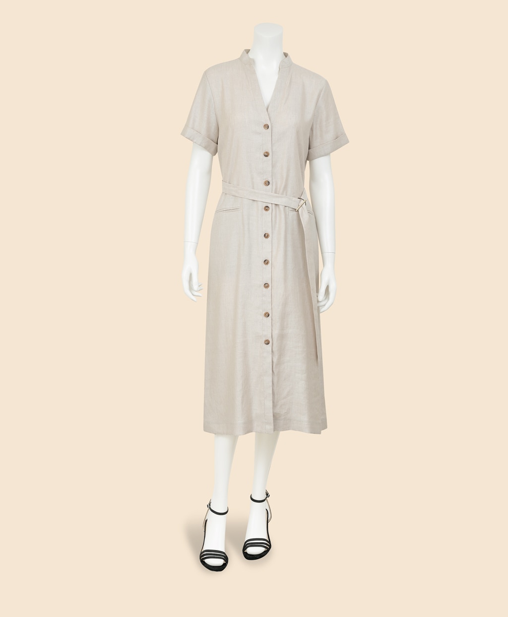 リネンブレンド　Vネックベルテッド　ショートスリーブ　シャツドレス2