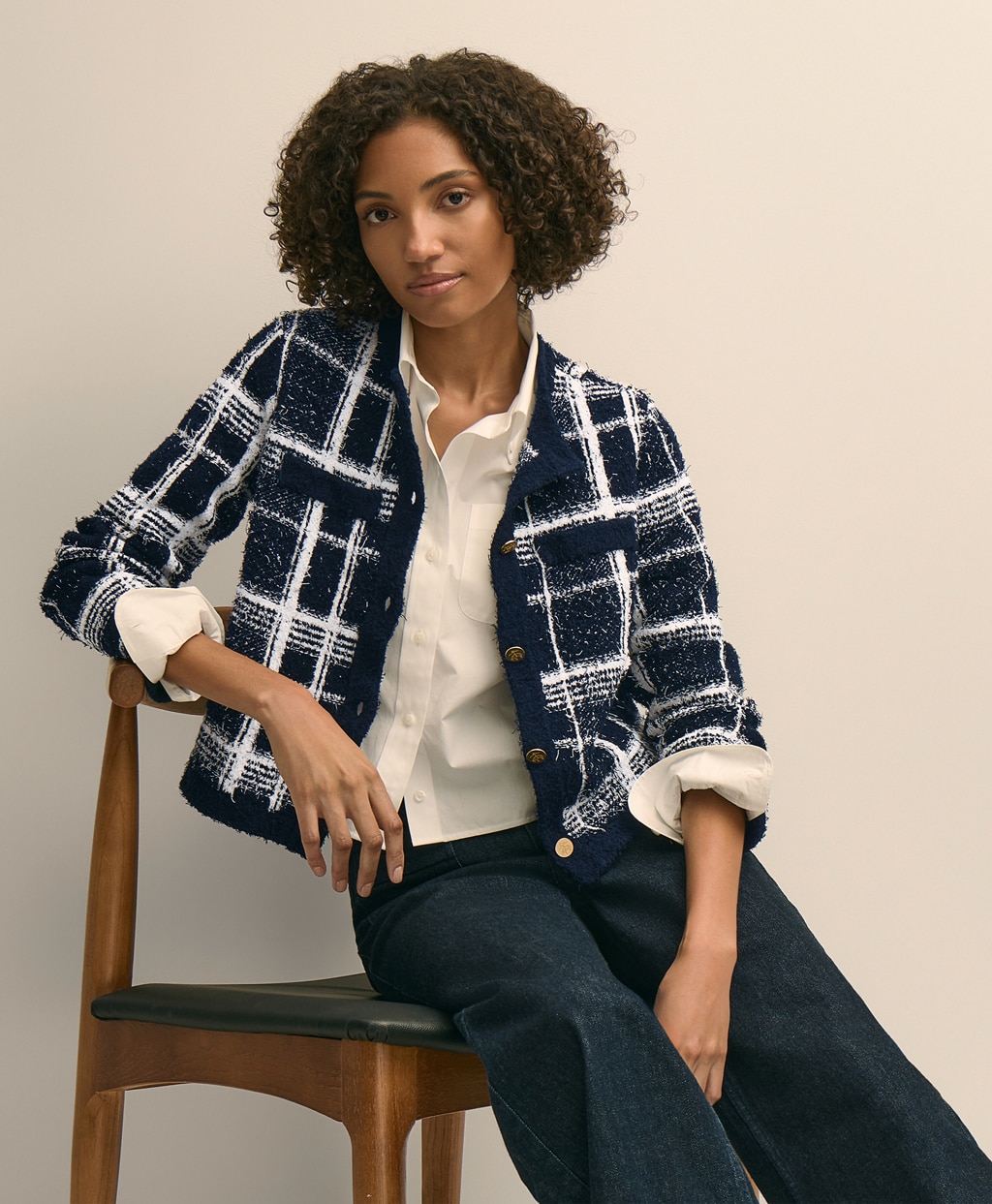 コットンブレンド　ファンシーツイード　GFメタルボタン　ノーカラージャケット1