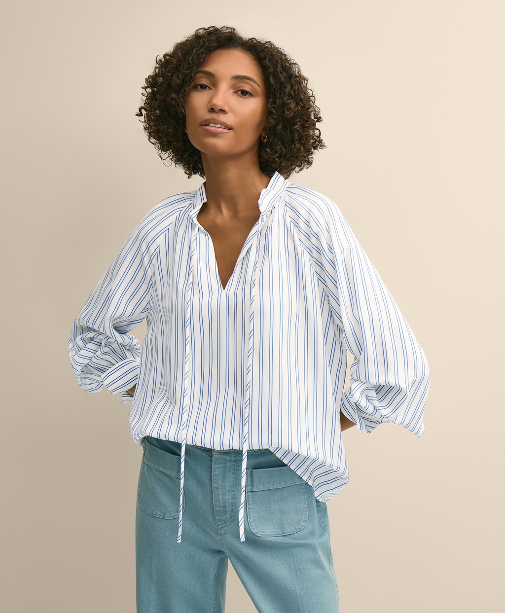 ビスコース　ダブルストライプ　タイネック　プルオーバーブラウス1