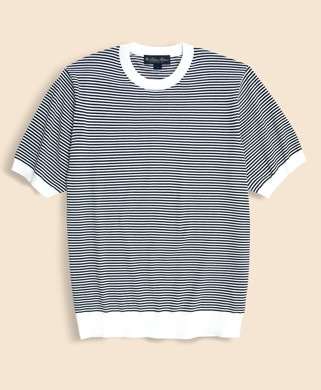 コットン／シルク　ストライプ　クルーネック　ショートスリーブセーター