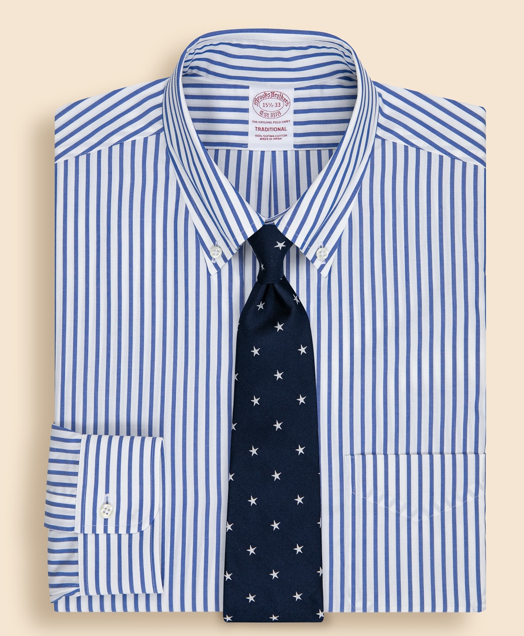 ◆JAPAN TRAD.◆ スーピマコットン　ブロード　ストライプ　６つ釦　ドレスシャツ　Traditional Fit