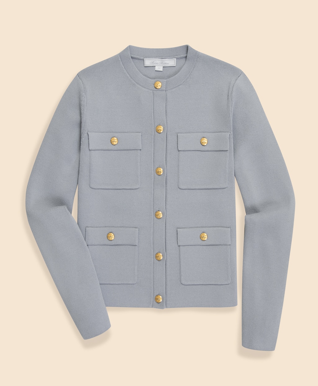 ポリエステル／コットン　ミラノリブ　ゴールドボタン　ノーカラーニットジャケット1